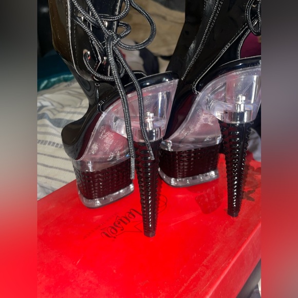 Black Exotic Dance Latex Lace Back Open Toe Platform Heel - Picture 4 of 6